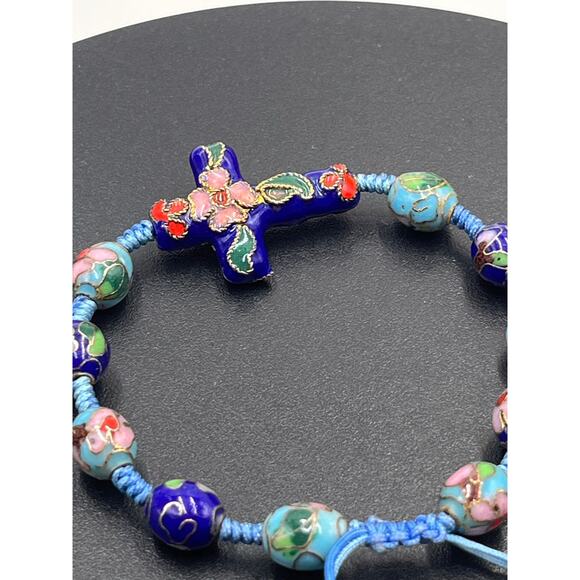 Handmade Cloisonne Blue Flower Beaded Bolo Adjustable Cross Bracelet - Picture 4 of 6